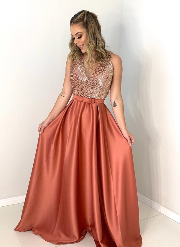 long party dress in earthy tone for bridesmaid