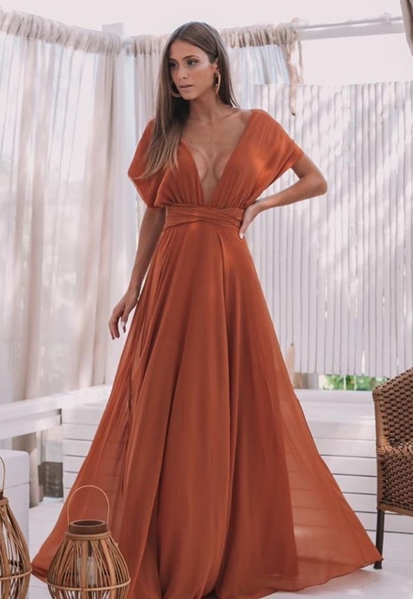 terracotta long dress in earthy tones