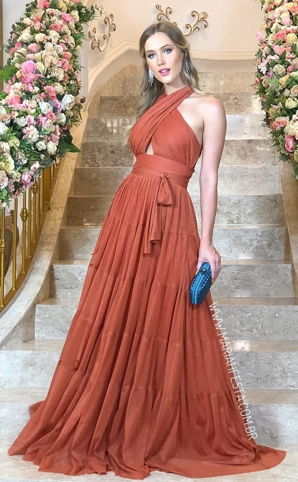 long terracotta dress for bridesmaid