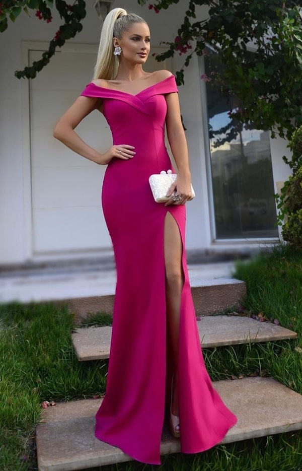 vestido de festa longo pink com decote ombro a ombro