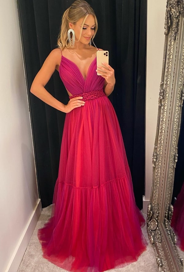 vestido longo pink fucsia em tule para madrinha de casamento