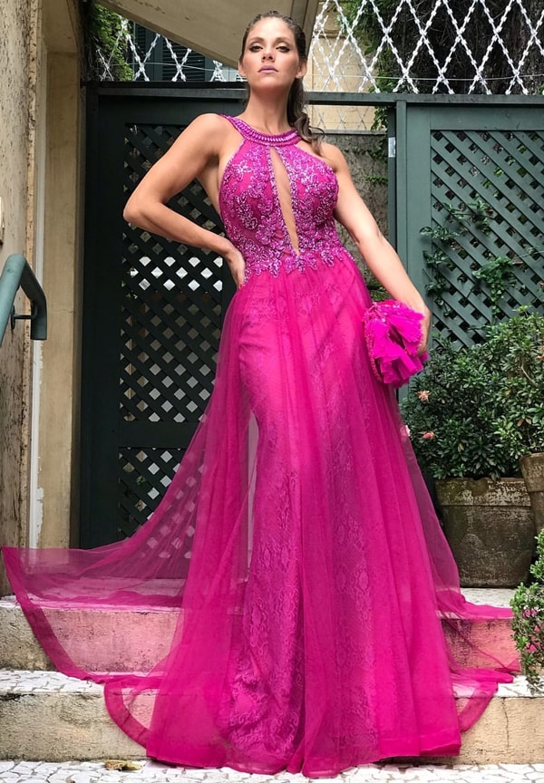 vestido de festa longo fucsia para madrinha de casamento a noite