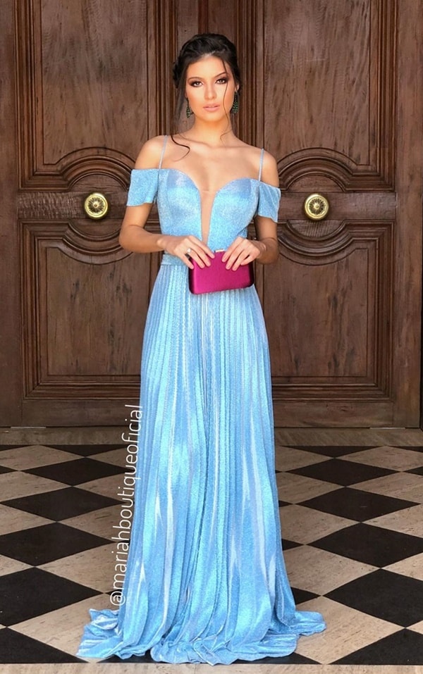 long blue pleated serenity dress for bridesmaid