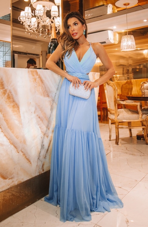 Fluid serenity blue dress with macrame belt and waist cutout