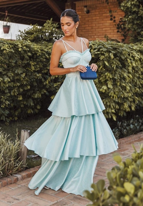 long serenity blue dress with layered skirt and bodice