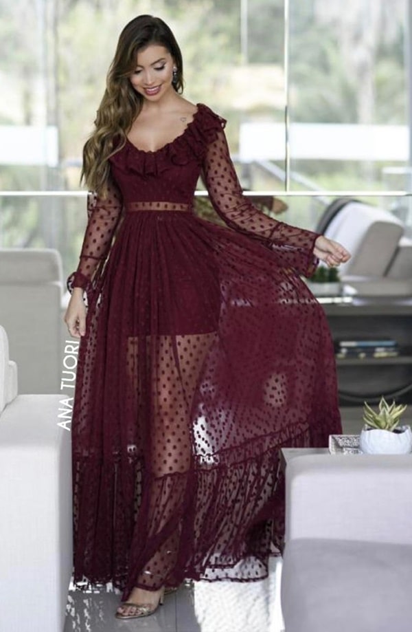 long marsala dress with polka dot print