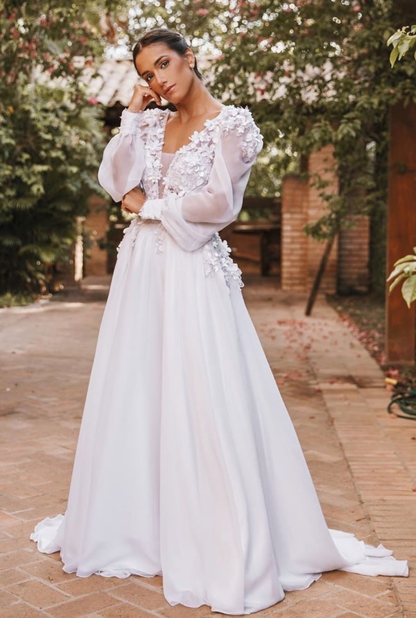 simple wedding dress with long sleeve and 3D embroidery