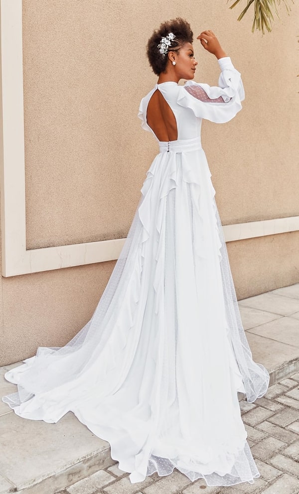 wedding dress with back neckline and long ruffled sleeves