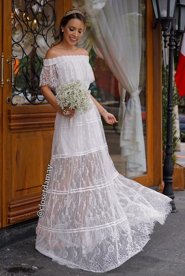 simple chantilly lace wedding dress with shoulder to shoulder neckline