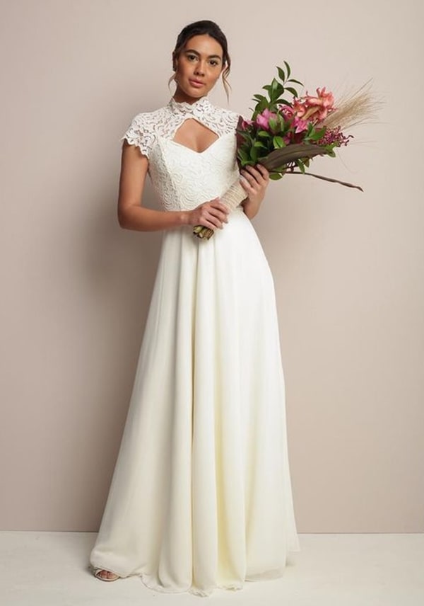simple elegant wedding dress with high collar in off white 