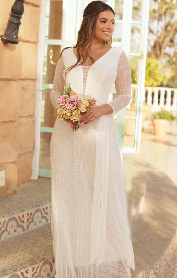 simple pleated wedding dress with long sleeves in polka dot tulle