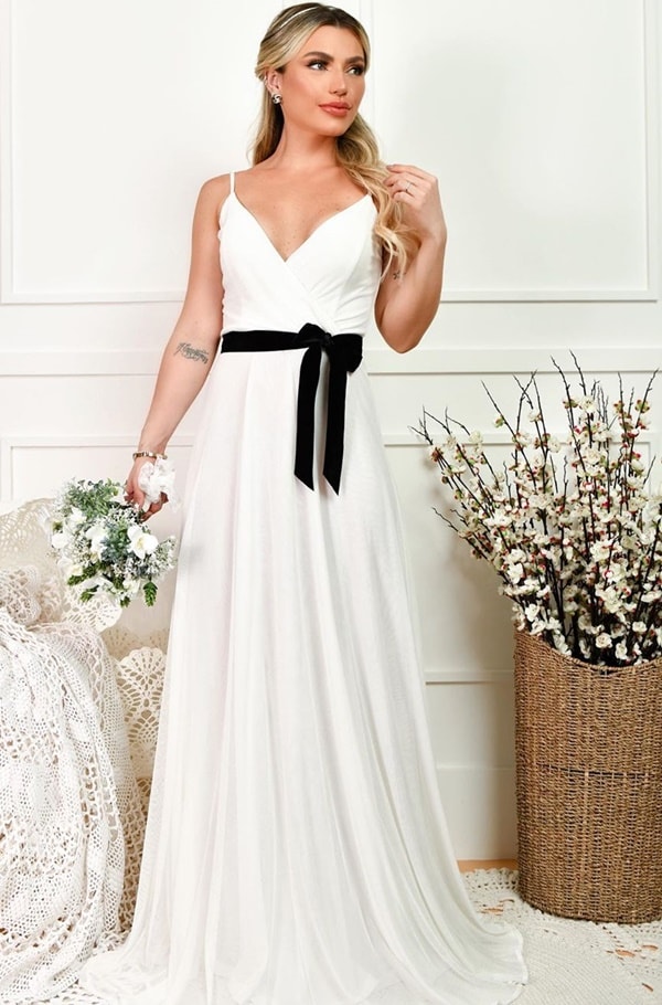 simple wedding dress with black lace belt 