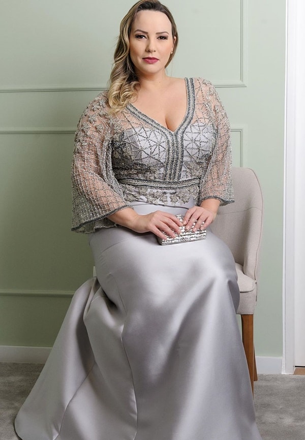 silver dress with embroidered 7/8 sleeves for mother of the bride