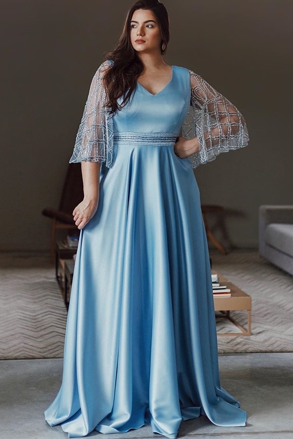 light blue long dress with embroidered short sleeve for mother of the bride