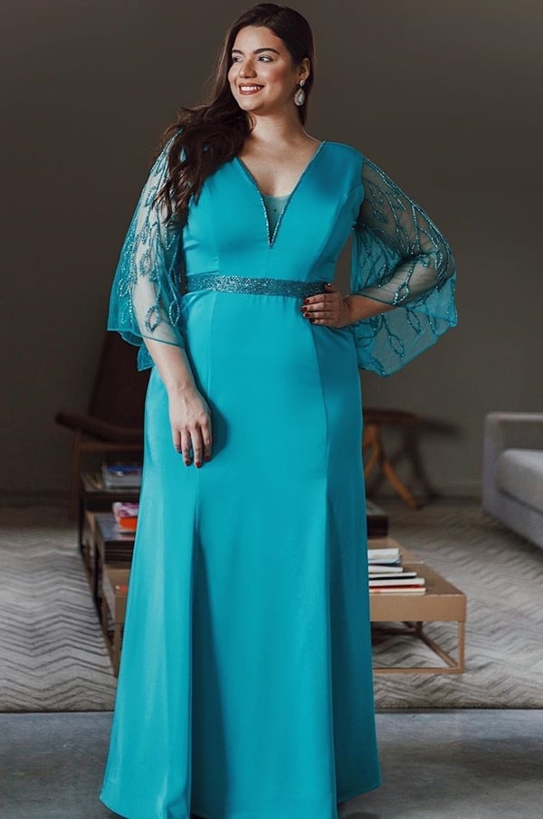 plus size party dress with embroidered sleeves for mother of the bride