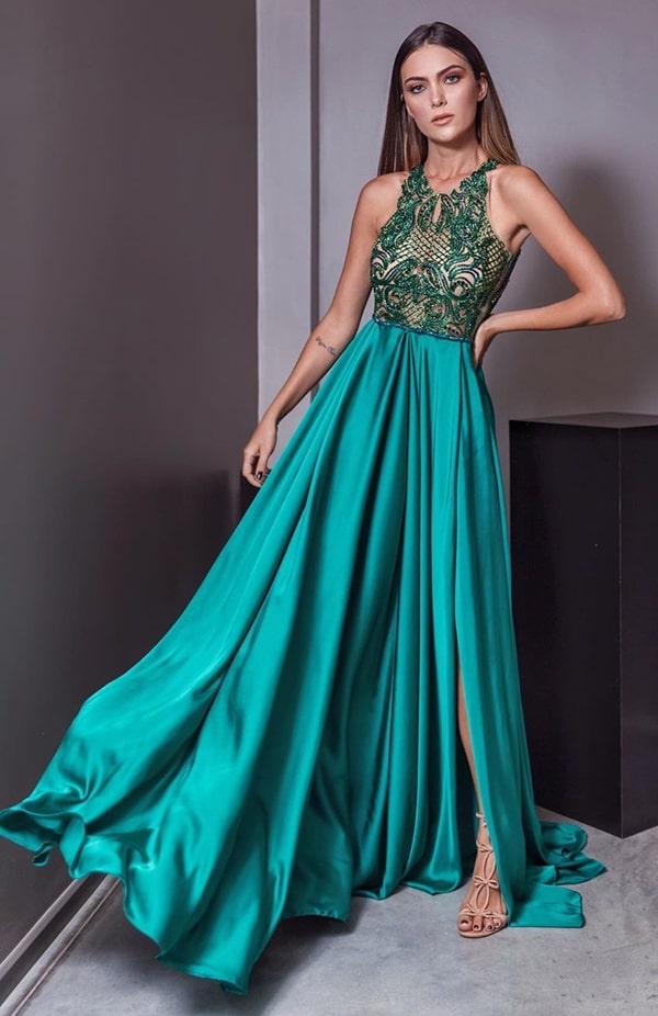 flowing green party dress for bridesmaid at night
