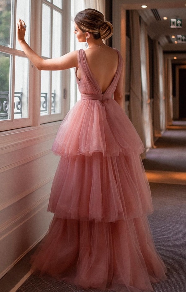 pink party dress with ruffled skirt 