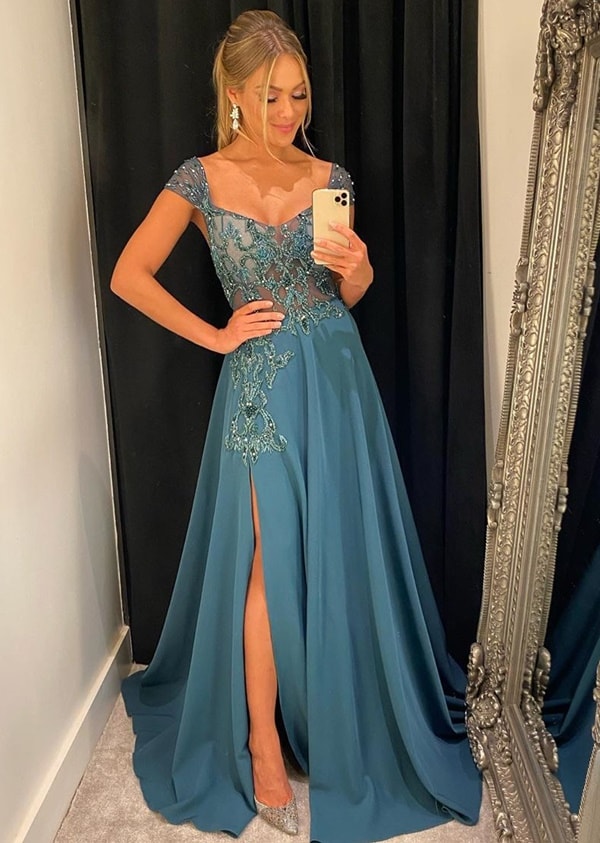 long teal party dress