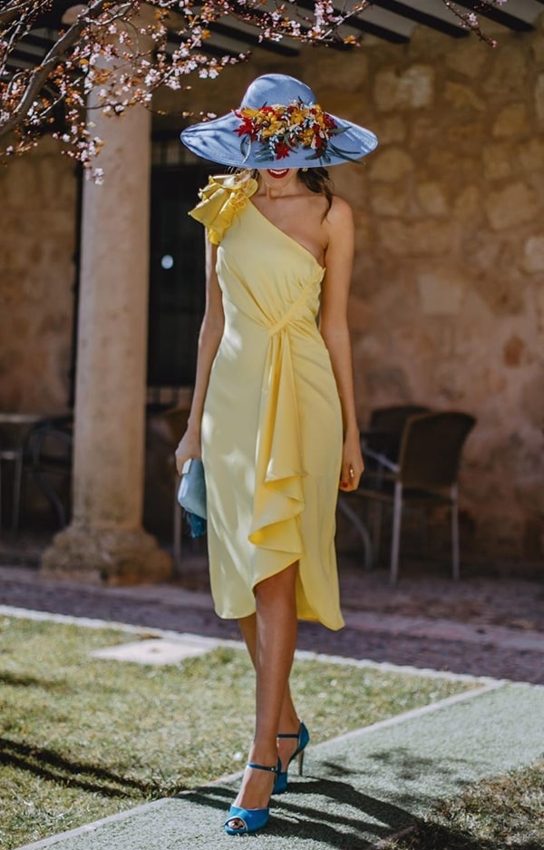 hat with flowers and midi dress for outdoor wedding