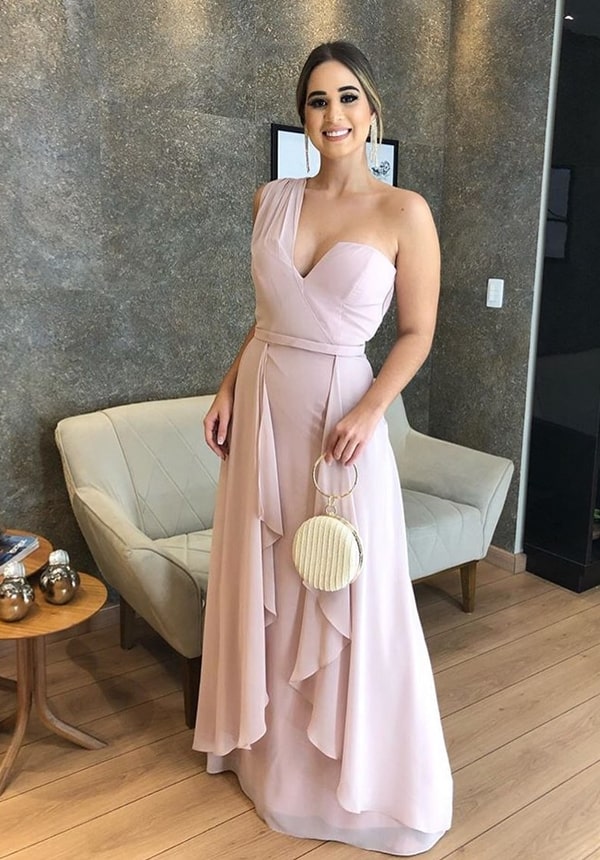 long pink one-shoulder gown just for bridesmaid 