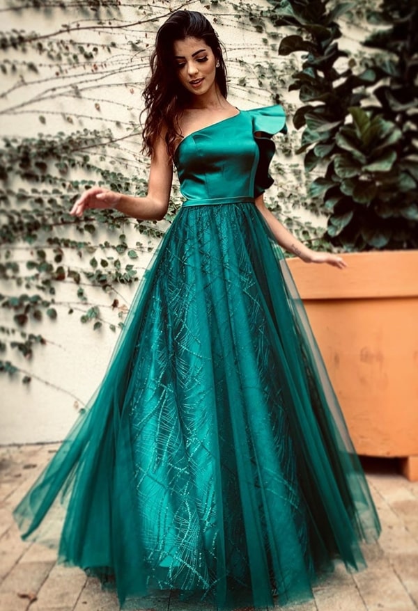 one shoulder green dress with ruffle for bridesmaid