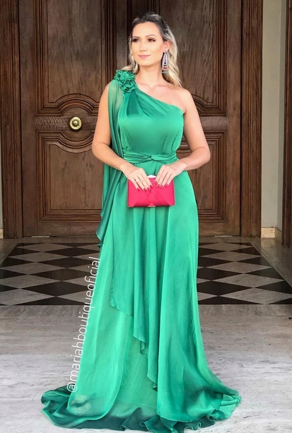 long emerald green one-shoulder party dress