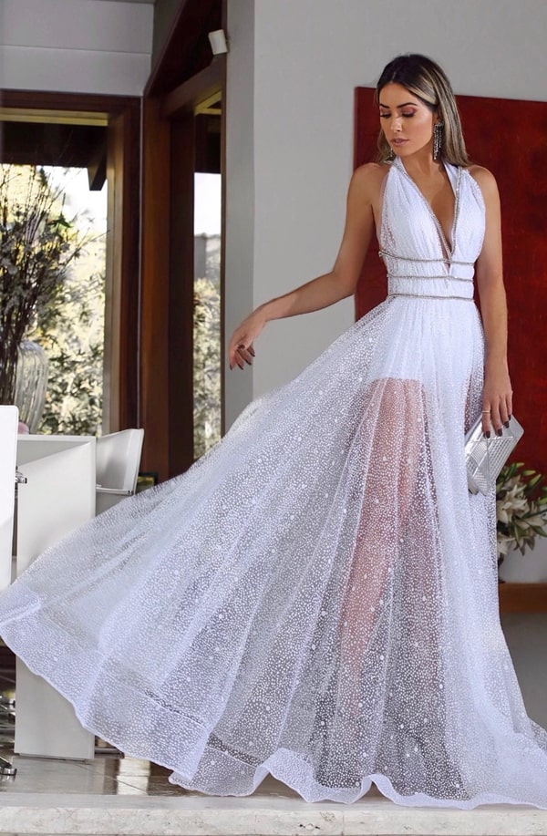 long white dress with transparency on the legs and shine for New Year 2020