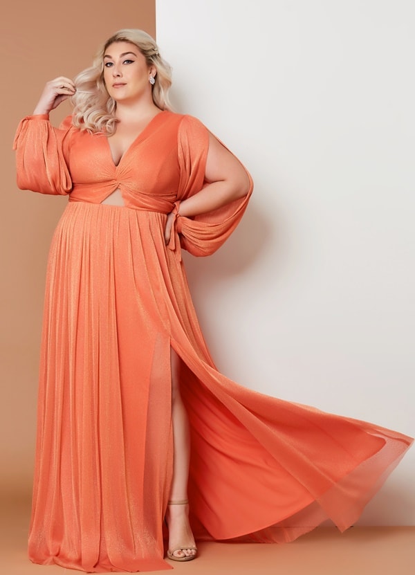 orange plus size lurex long dress with long sleeves