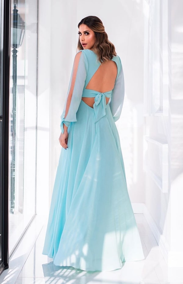 long tiffany blue dress with sleeve for bridesmaid