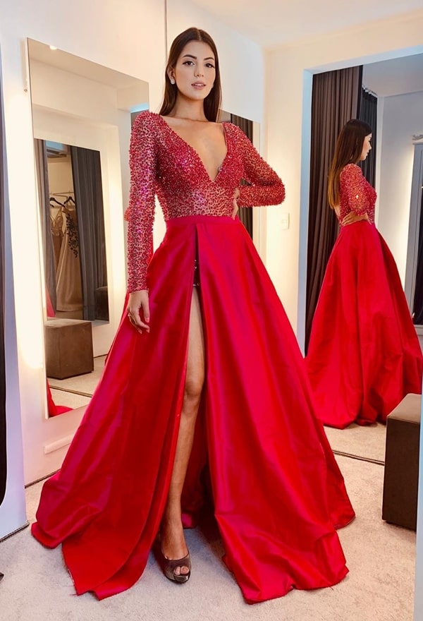 red princess party dress with slit for graduation 2020