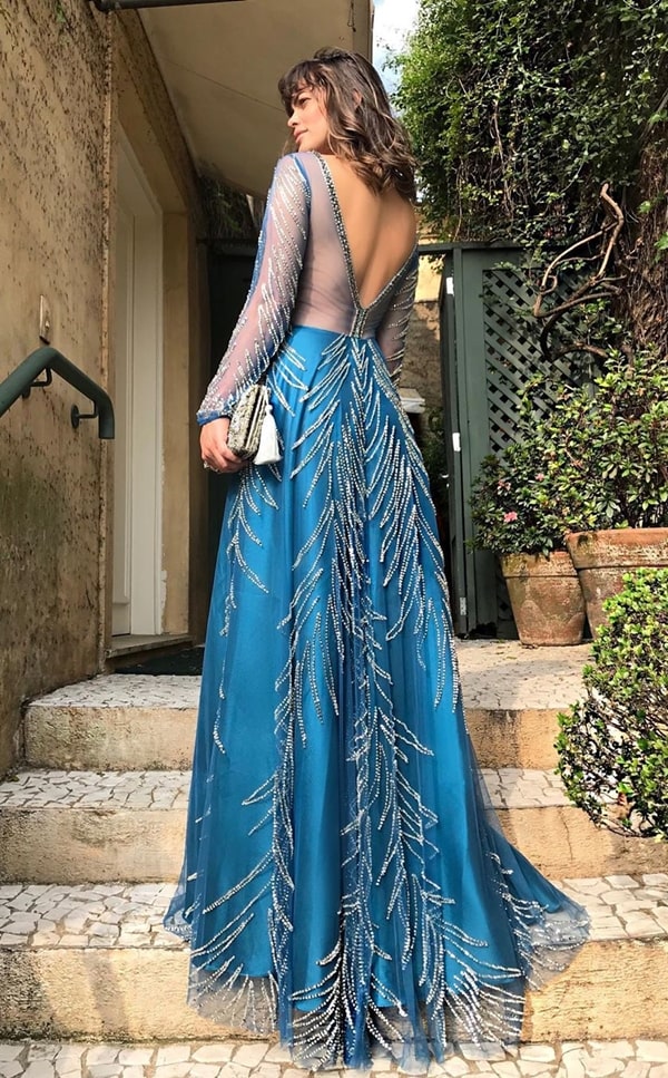 long blue party dress with long sleeve and back neckline for graduation 2020