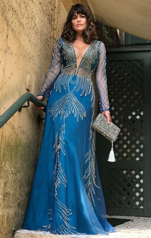 long blue party dress with long sleeve for graduation 2020