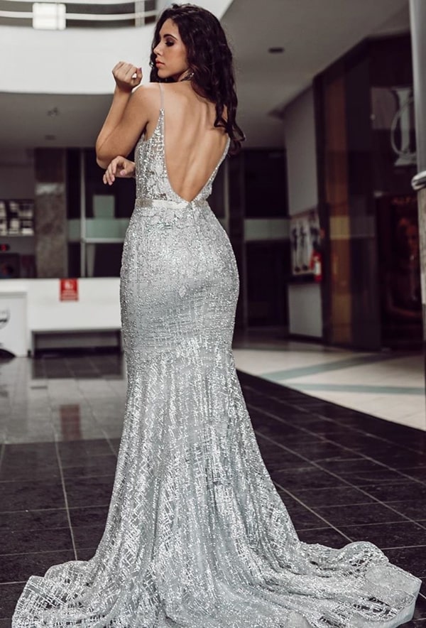 long silver party dress with back neckline