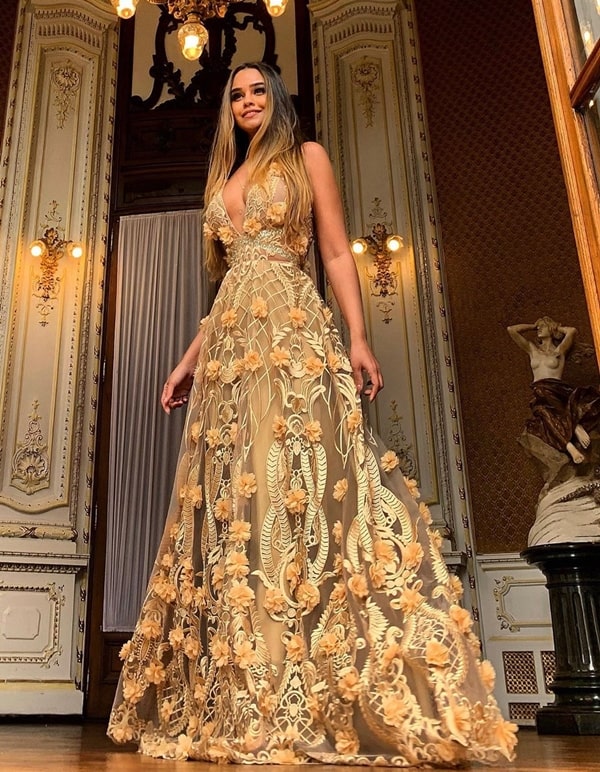 long golden party dress with 3D embroidery