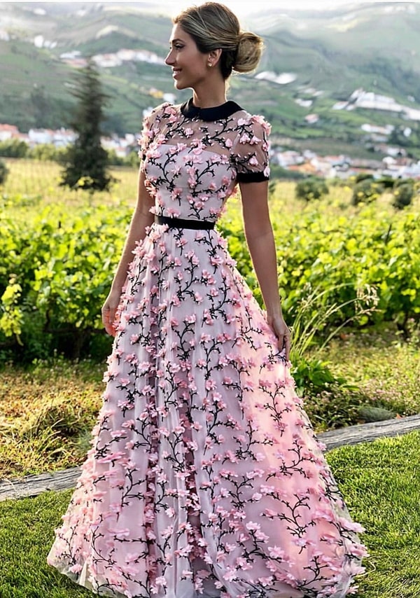 long rose party dress with 3D embroidery