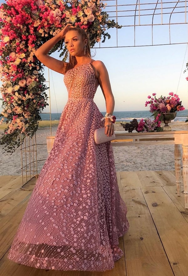 long pink party dress with 3D embroidery