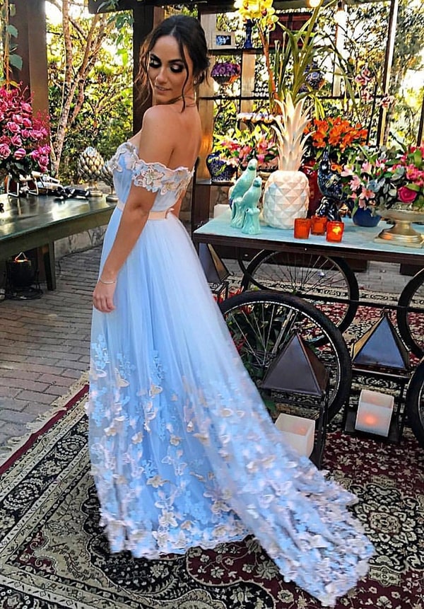 long serenity blue party dress with 3D embroidery