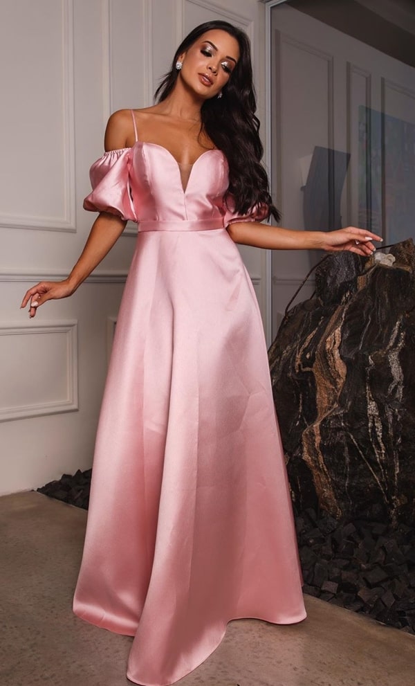 long rose party dress with puffed sleeves