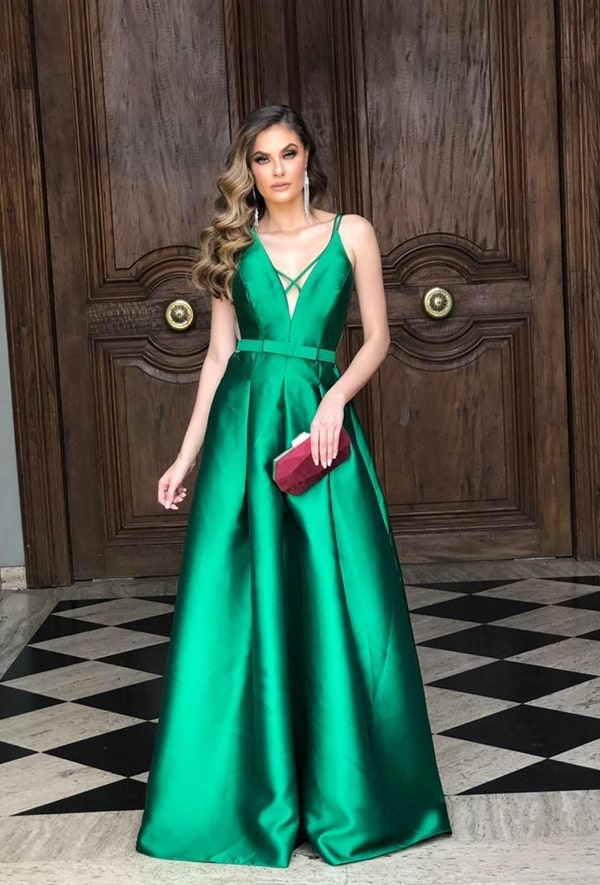 long emerald green party dress