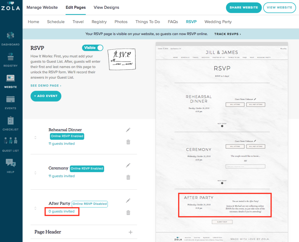 How do I see RSVPs on Zola?
