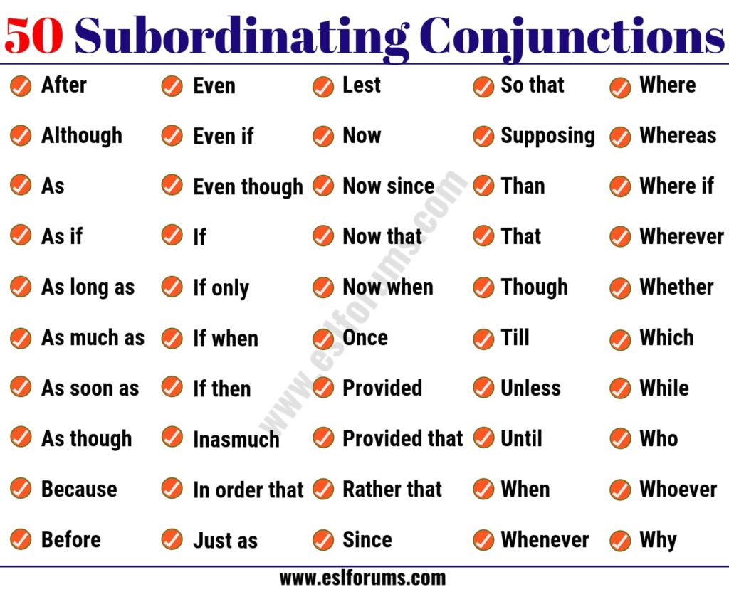 What are the 12 subordinating conjunctions?