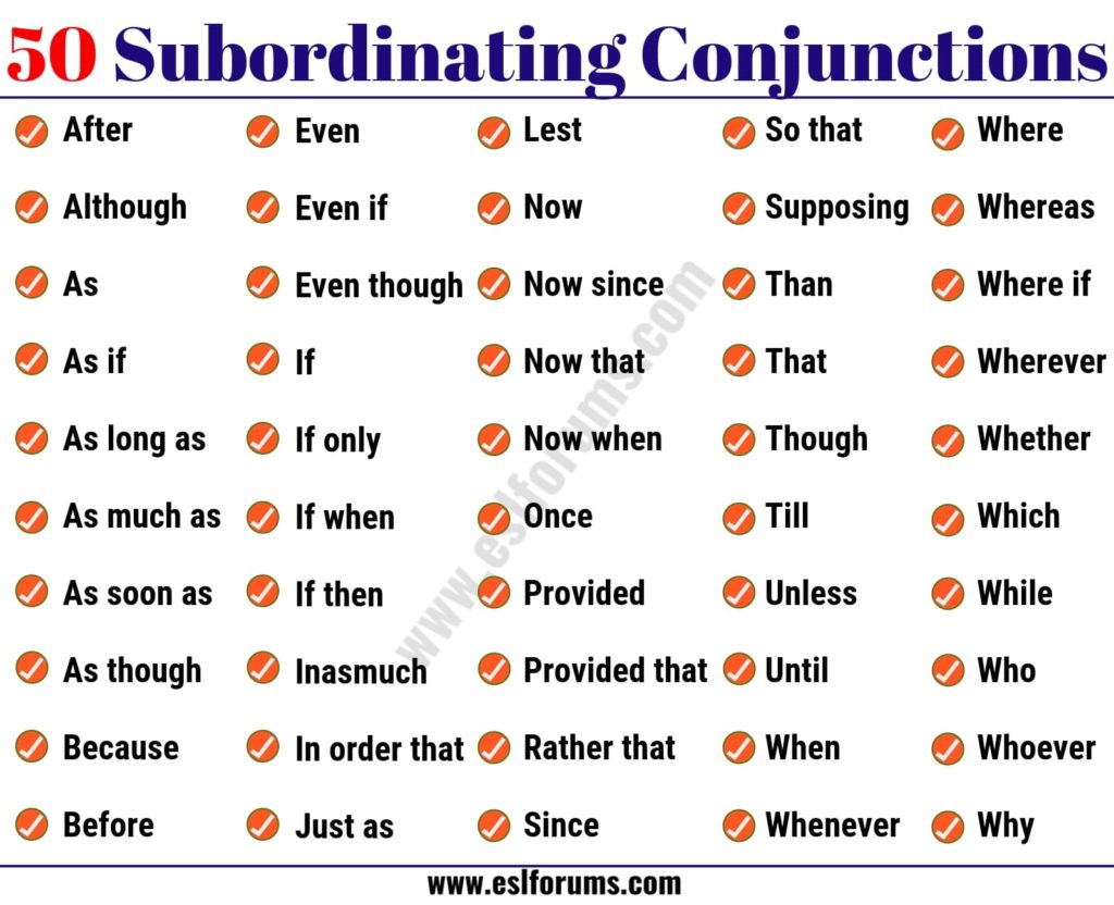 What are the 5 subordinating conjunctions?