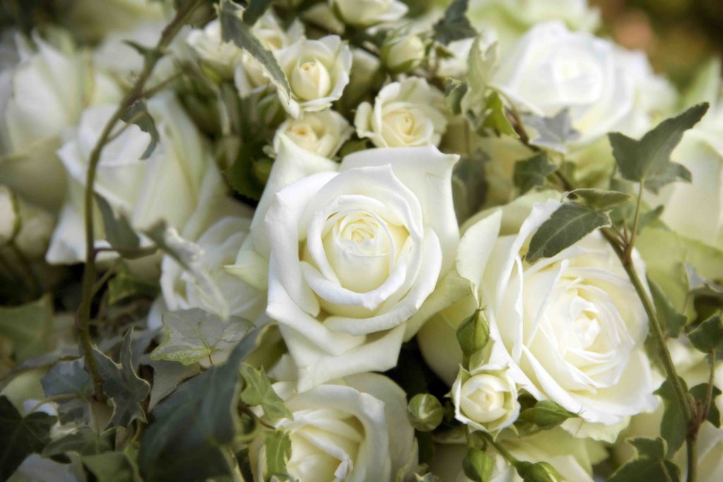 What flowers go well with white roses in a bouquet?