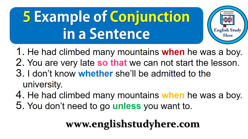 What is conjunction give 5 examples?