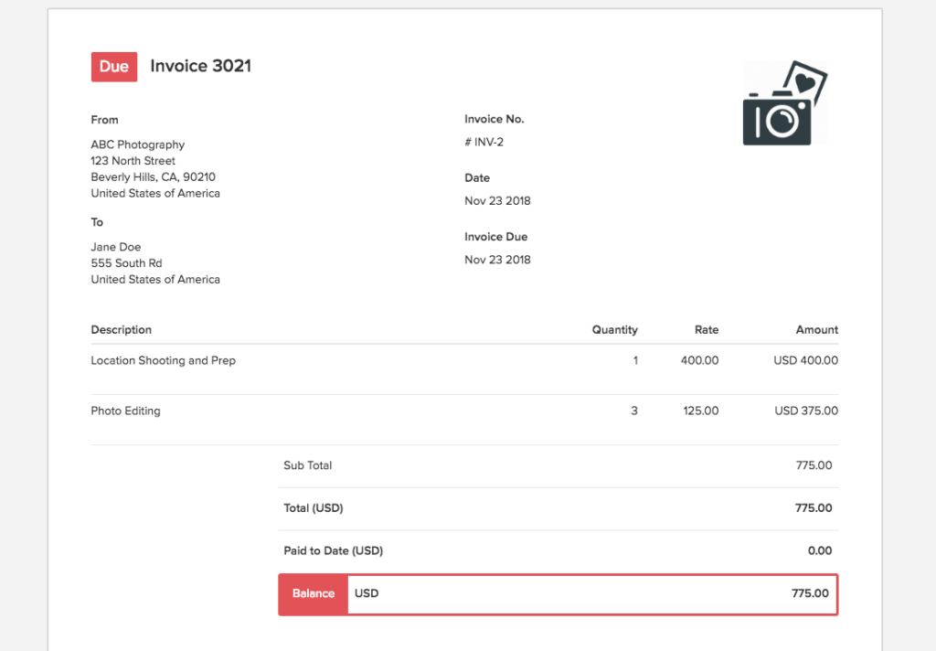 What should be on a photography invoice?