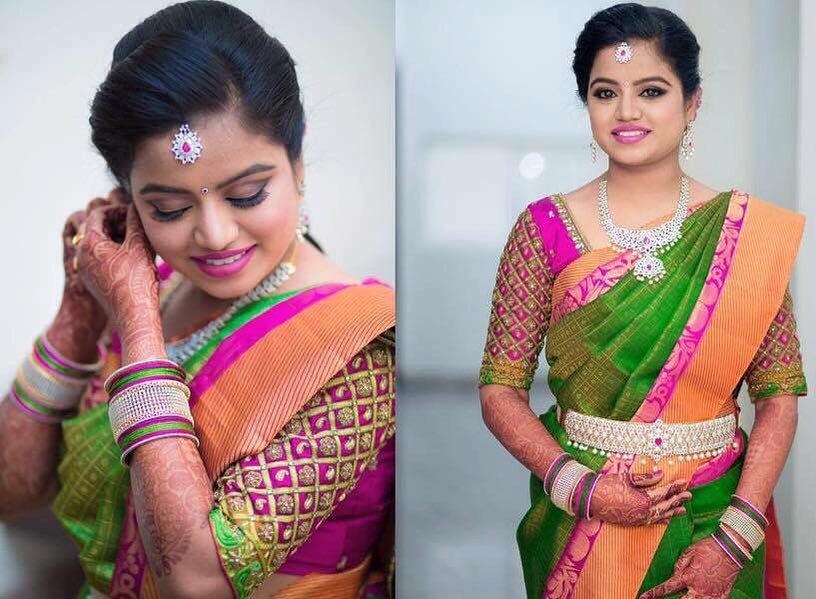 Which color lipstick goes with green saree?