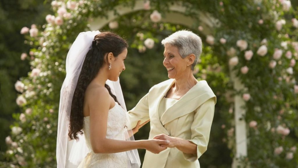 Who walks bride's mother down the aisle?