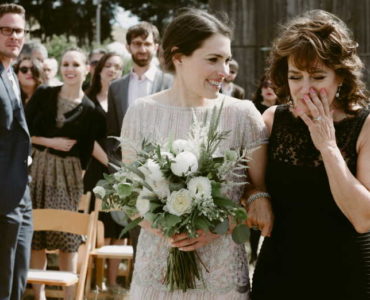 Who walks mother of groom down aisle?